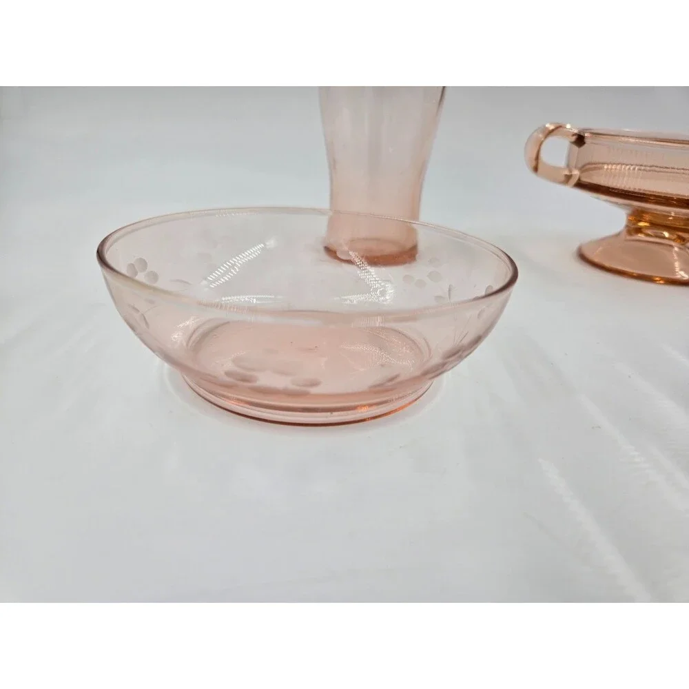 Lot of Vintage Pink Floral Depression Glass Pieces Nappy Triangle Dish Handled